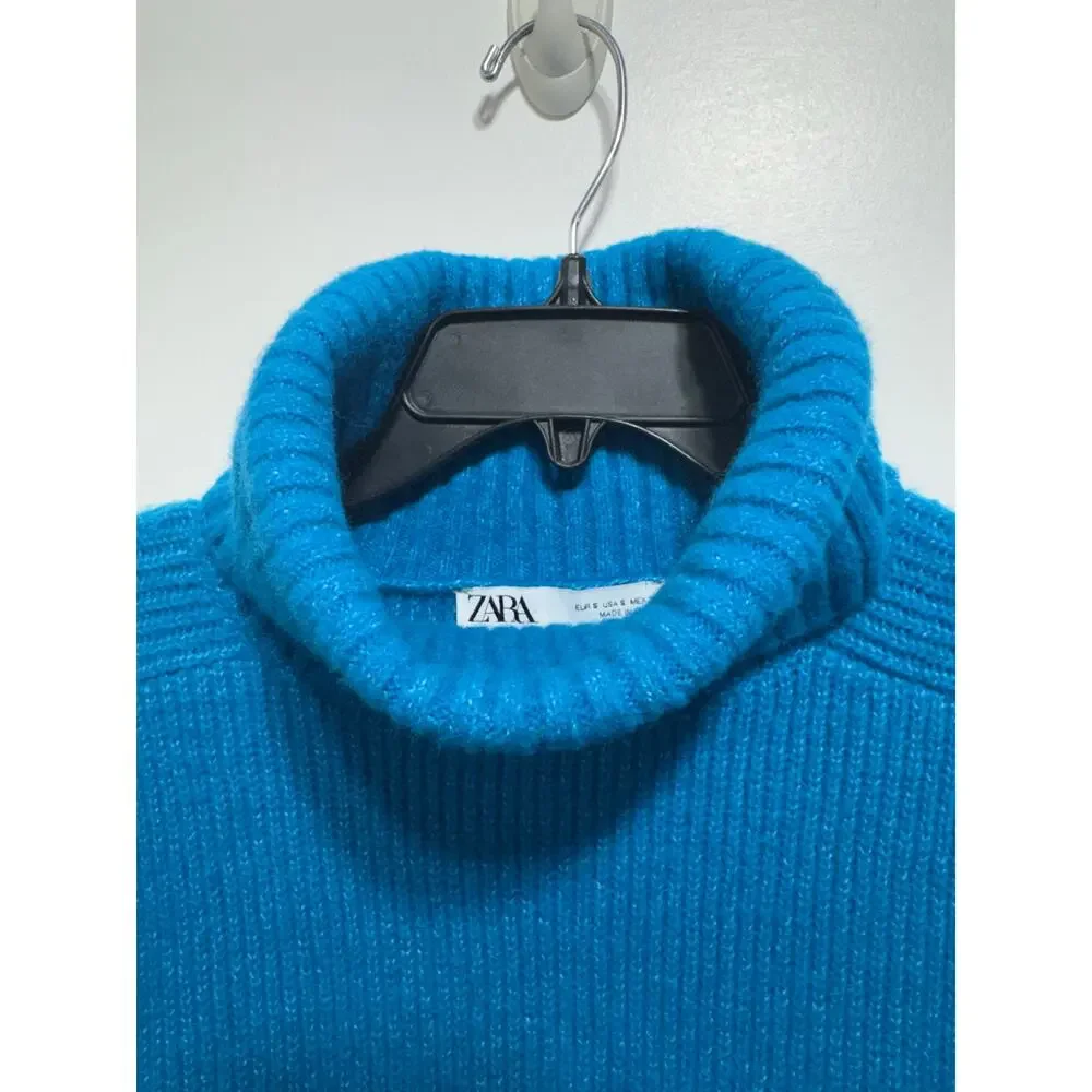 Zara Blue Soft Ribbed Knit Wool Blend Turtleneck Oversized Sweater Size S - Picture 5 of 7